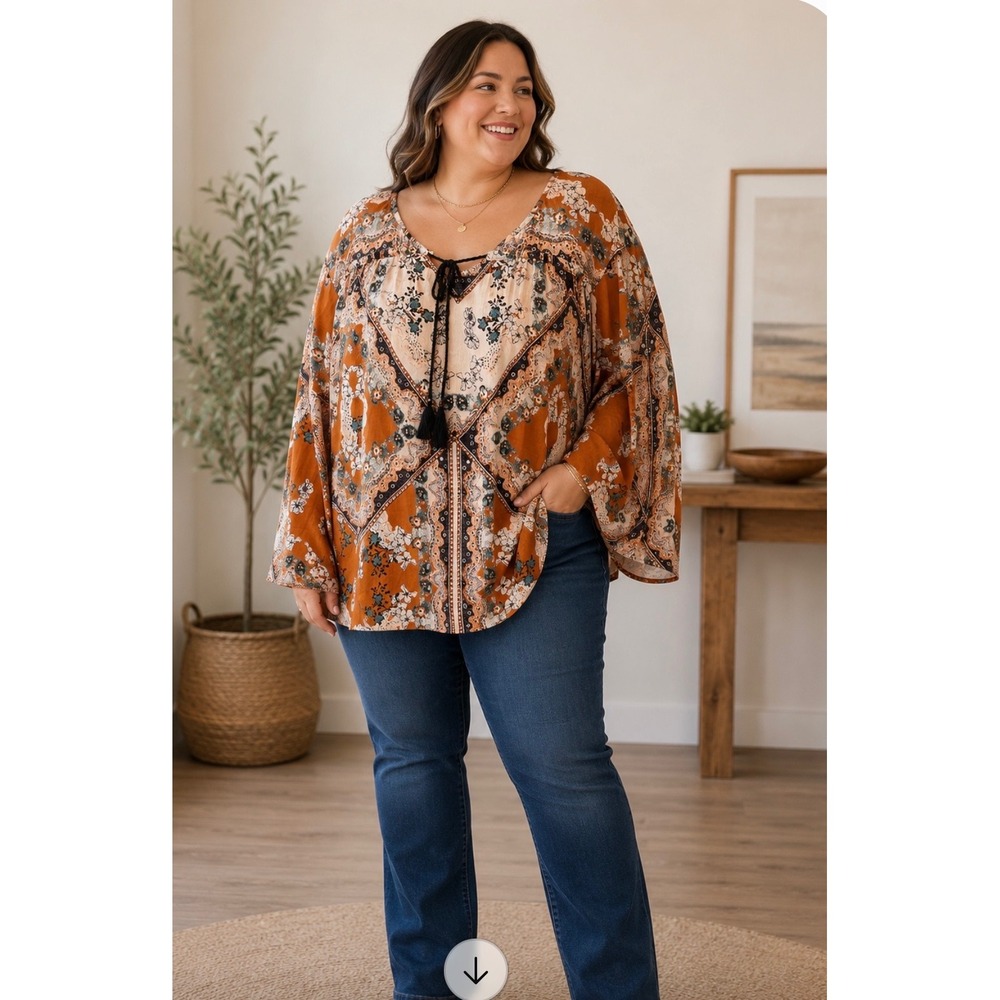 Angie Womens 3X Boho Paisley Floral Bell Sleeve Tassel Tie Peasant Top Rust